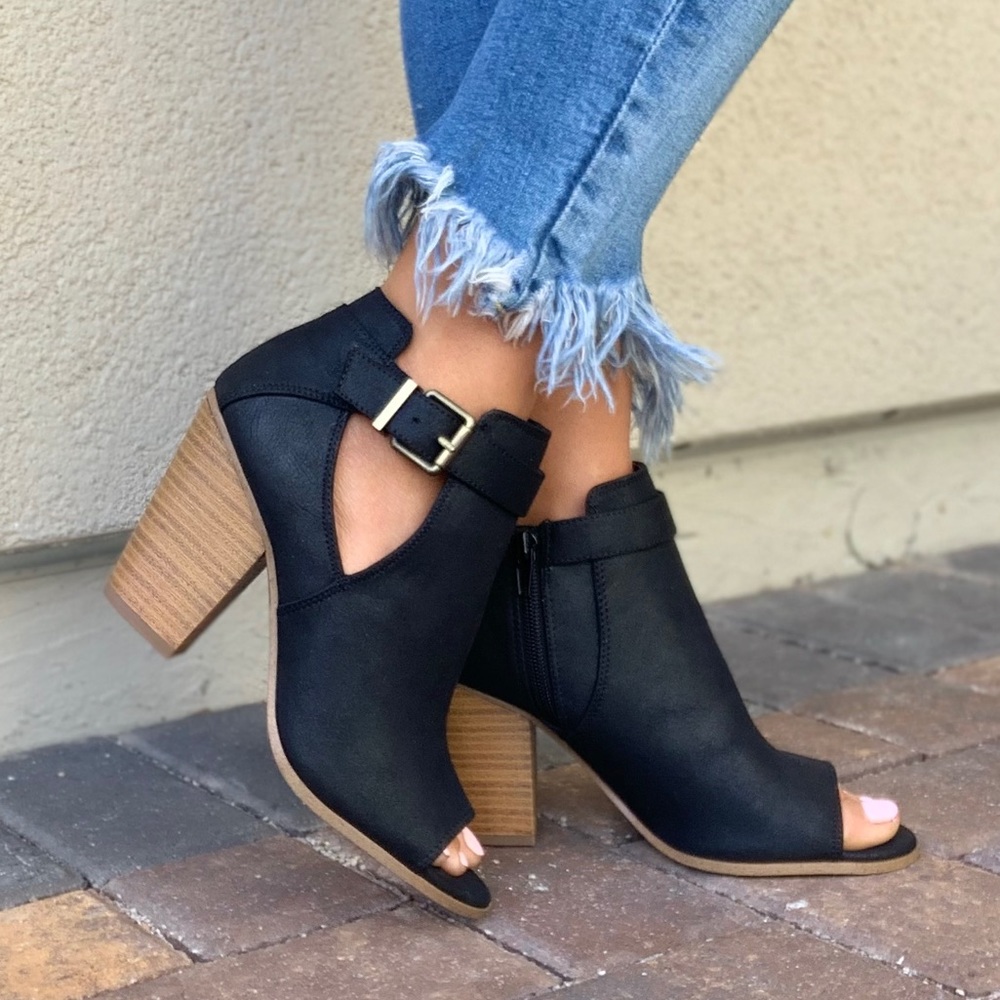 BLACK Peep Toe Open Side Chunky Heel Ankle Bootie - Picture 3 of 8